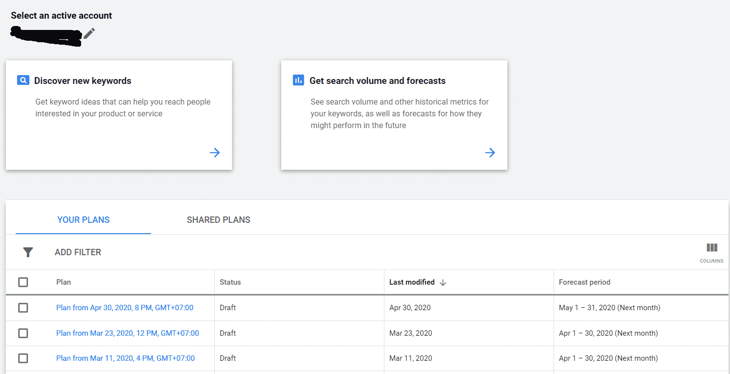 keyword planner หน้าตาเริ่มต้น